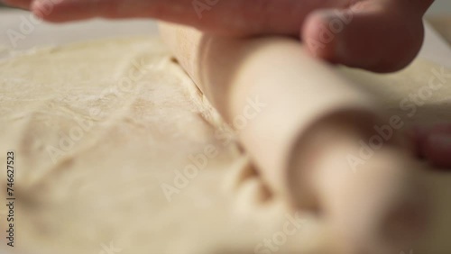 Pizza Dough Crafting on Wooden Surface. Step Recipe. Close-up, shallow dof. photo