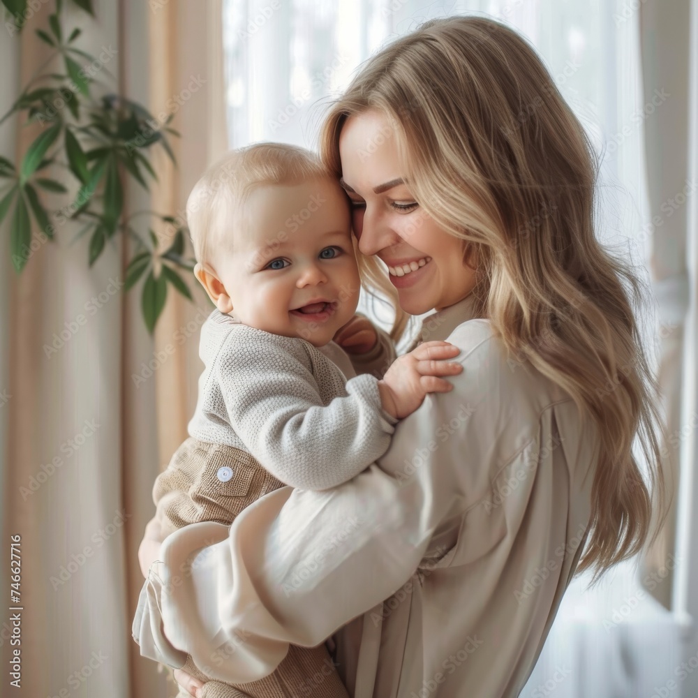 Mother embracing her happy baby in a cozy home setting Mother embracing her happy baby in a cozy home setting
