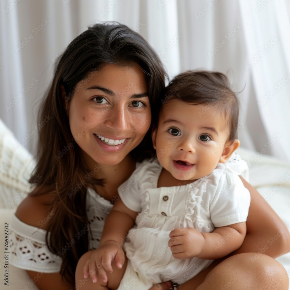 Mother with her baby smiling warmly for family-themed content Mother with her baby smiling warmly for family-themed content