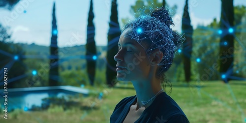 A woman in meditation, overlaid with a neural network pattern, set against a natural landscape, symbolizing the intersection of technology, mind, and nature.