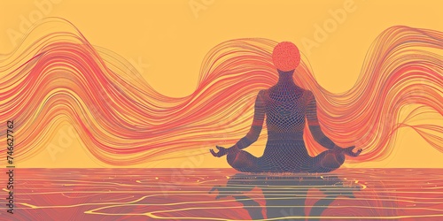 A figure in meditation, connected to flowing waves of vibrant energy, encapsulating a theme of tranquility and the harmony of mind, body, and digital space.