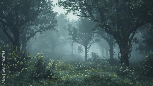 Foggy forest in a gloomy landscape