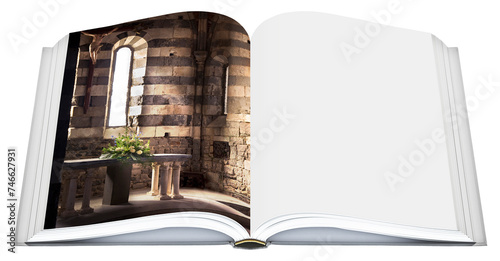 Stone altar with flowers in an ancient italian Romanesque church - concept image with copy space photo