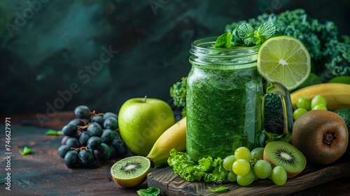 Glass jar mugs with green health smoothie, kale leaves, lime, apple, kiwi, grapes, banana, avocado, lettuce. Copy space. Raw, vegan, vegetarian, alkaline food concept