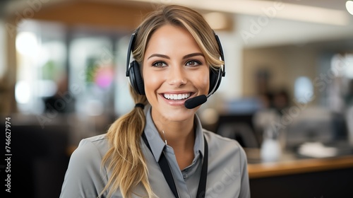 Customer service representative wearing a headset, assisting clients, business and communication