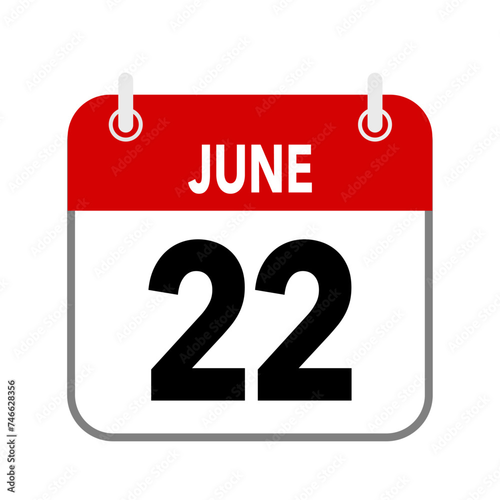 22 June, calendar date icon on white background. 22 June, calendar date icon on white background.