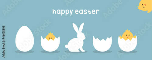 happy easter minimal design with eggs bunny and little chick on blue background vector illustration