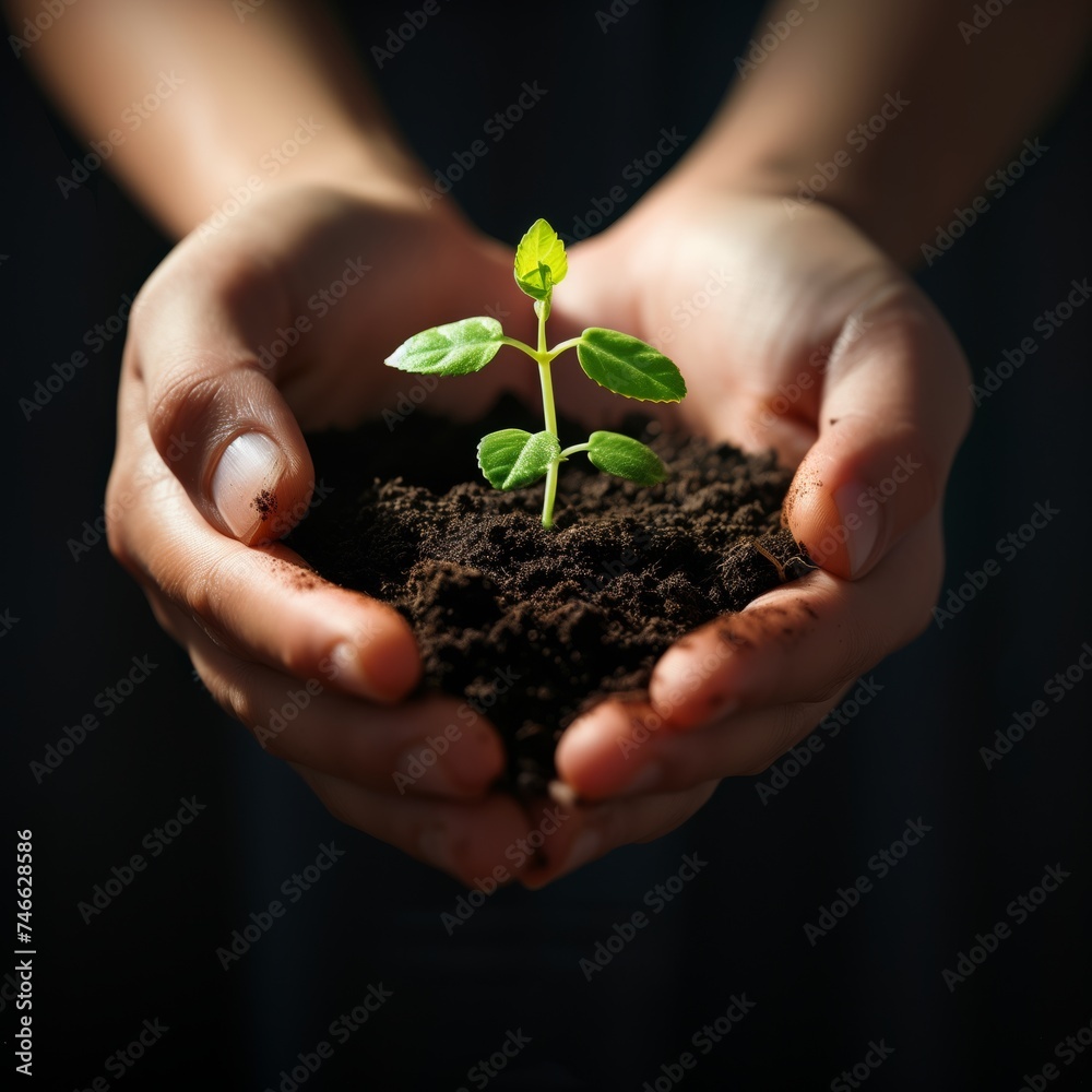 Green Seedling Growth, Hands nurturing plant in rich soil, close-up nature photography, environmental care concept Green Seedling Growth, Hands nurturing plant in rich soil, close-up nature photography, environmental care concept