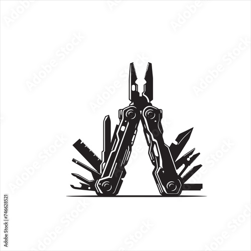 versatile multitool  Isolated on blue background. Vector silhouettes