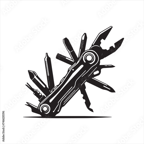 versatile multitool  Isolated on blue background. Vector silhouettes