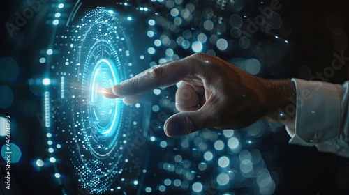 a man hand touch hologram screen surface