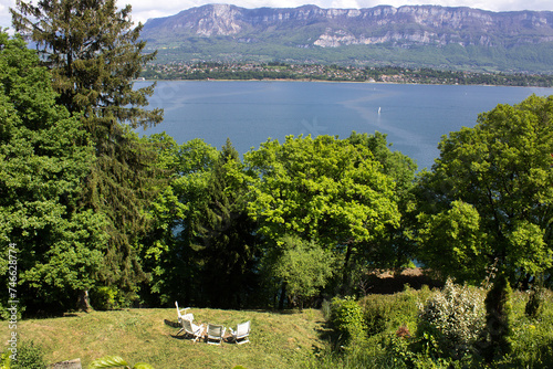 Lac du Bourget water and mountain view of Aix les bains town Auvergne-Rhône-Alpes region France