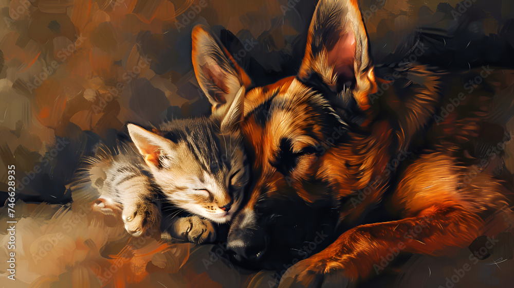 Pastel drawing artistic image of a photo of a dog and a cat being best friends,Oil painting artistic image of orange cat cuddling with black lab dog

