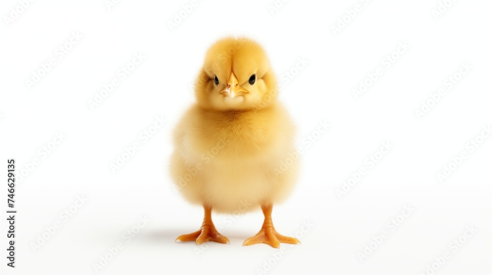 A charming and adorable chick holds a blank frame with ample copy space against a pristine white background.  
