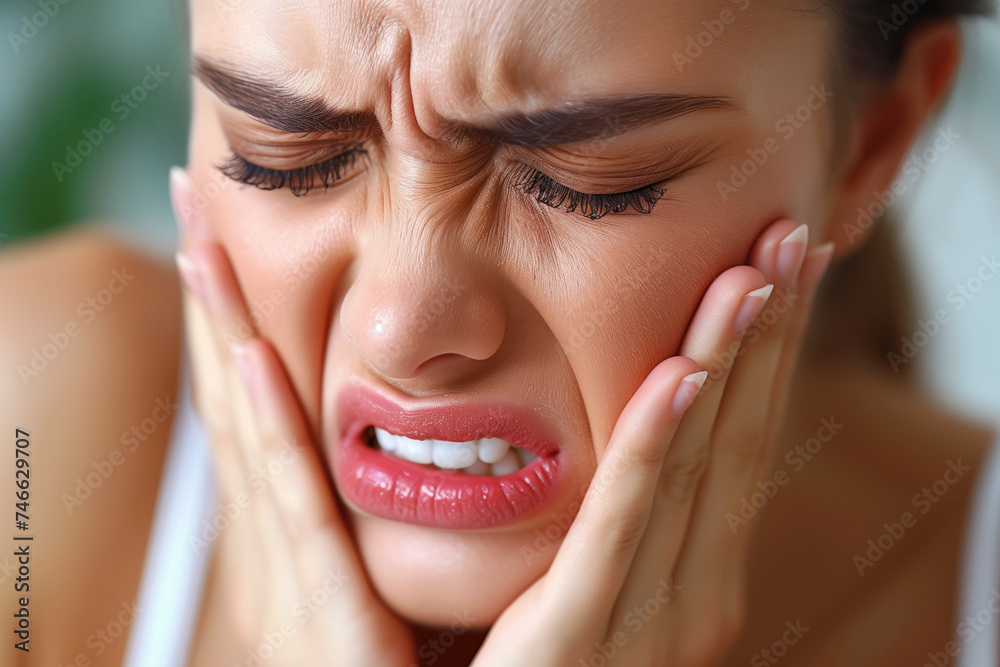 Young woman with toothache, periodontal disease in wisdom teeth, gum inflammation, headache and migraine, dental pain, health problems concept Young woman with toothache, periodontal disease in wisdom teeth, gum inflammation, headache and migraine, dental pain, health problems concept