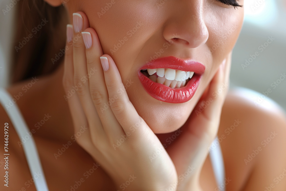 Obraz premium Young woman with toothache, periodontal disease in wisdom teeth, gum inflammation, headache and migraine, dental pain, health problems concept