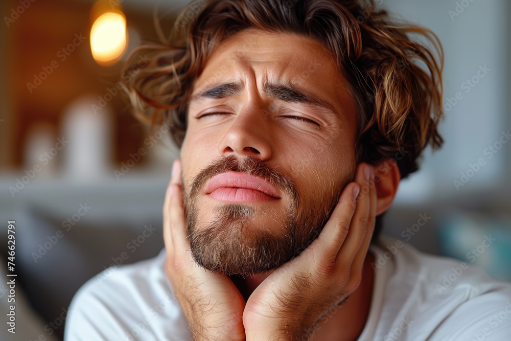 Man with toothache, periodontal disease in wisdom teeth, gum inflammation, dental pain, headache and migraine, health problems concept Man with toothache, periodontal disease in wisdom teeth, gum inflammation, dental pain, headache and migraine, health problems concept