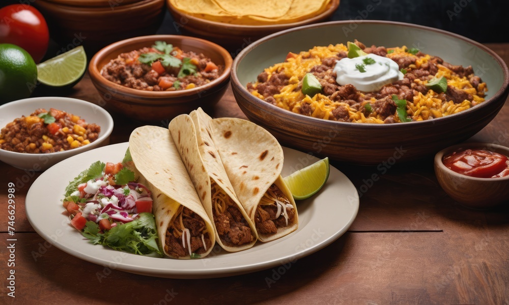 Mexican dishes on the table. Tacos, Burritos, quesadillas, chili, fajitas, tortillas. Mexican dishes on the table. Tacos, Burritos, quesadillas, chili, fajitas, tortillas.