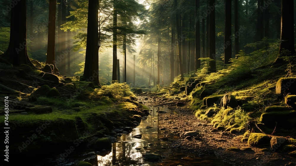 a forest with sunlight shining through thick trees, in the style of dark green and light bronze, visually poetic, pastoral charm, sunrays shine upon it - obrazy, fototapety, plakaty 