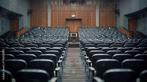 Empty Auditorium with Rows of Seats and a Podium, Ready for a Lecture