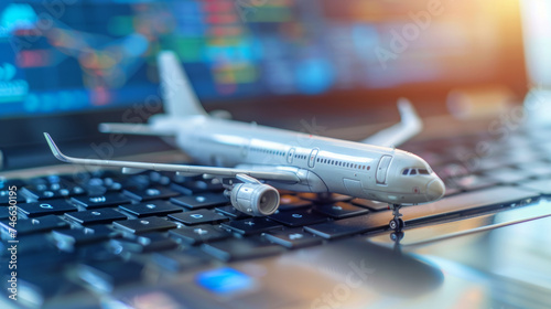 airplane model on laptop keyboard, online ticket booking flight schedule
