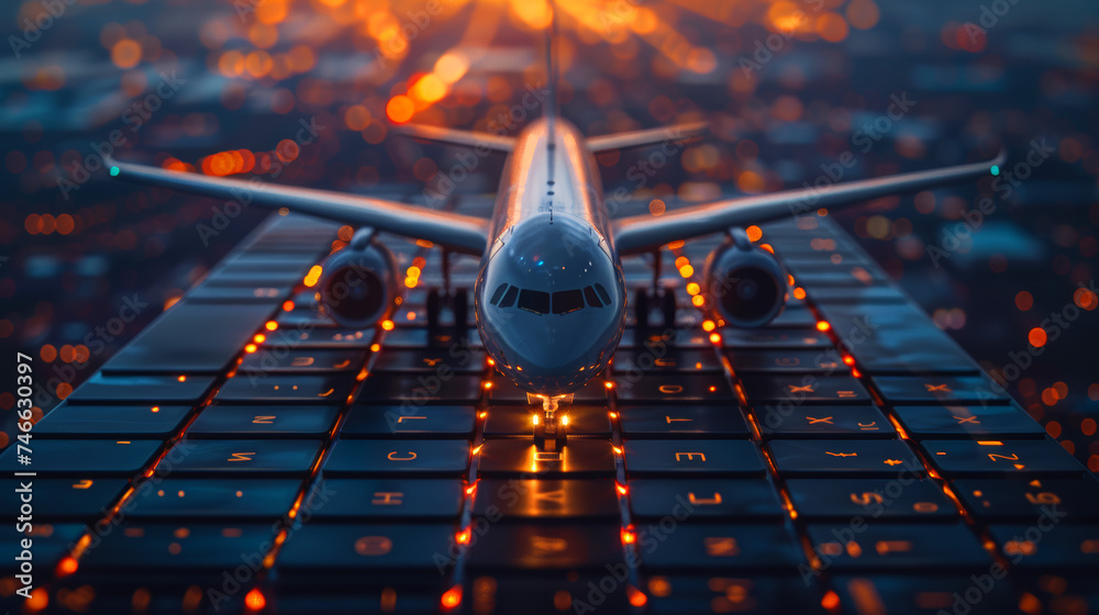 airplane model on laptop keyboard, online  ticket booking flight schedule - obrazy, fototapety, plakaty 