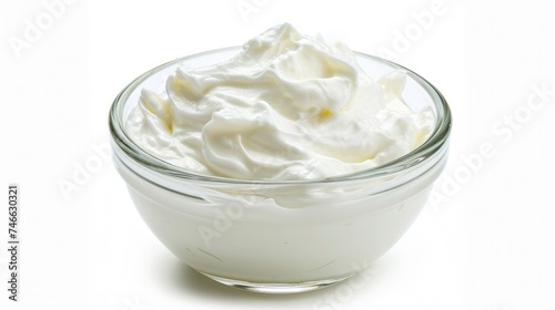 Creamy Delights: Sour Cream, Mayonnaise, and Yogurt in Glass Bowls on White Background