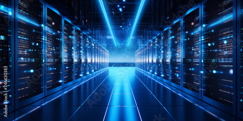 a background with Neon Tunnel with Line Marking Creating a Mesmerizing Scene, Shot of Corridor in Working Data Center Full of Rack Servers and Supercomputers with Internet connection