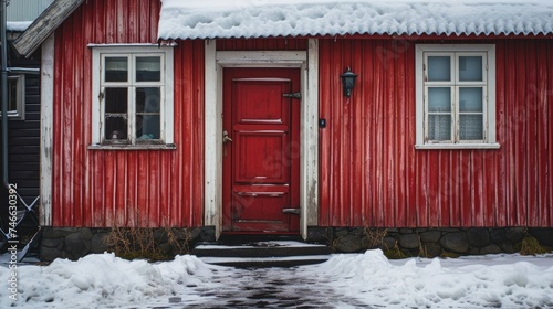 Charming Red House in Iceland's Reykjavik with White Roof and Corrugated Iron photo