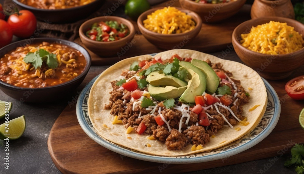 Mexican dishes on the table. Tacos, Burritos, quesadillas, chili, fajitas, tortillas. Mexican dishes on the table. Tacos, Burritos, quesadillas, chili, fajitas, tortillas.