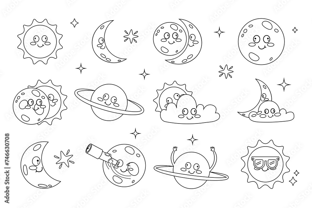  Set of outline kawaii solar eclipse elements in flat style