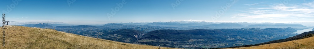 Panorama from Grand Colombier summit (France) on a clear summer day, looking eastward towards alps and Bourget lake