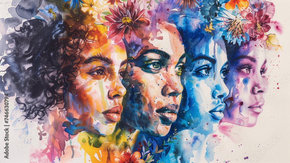 Watercolor combination of female portraits and abstract flowers