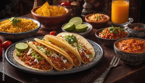 Mexican dishes on the table. Tacos  Burritos  quesadillas  chili  fajitas  tortillas.