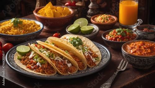 Mexican dishes on the table. Tacos, Burritos, quesadillas, chili, fajitas, tortillas.