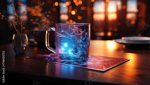 a gift card on a table with a bright light, in the style of digital airbrushing, luminous scenes, miniaturecore, shiny/glossy, intel core, aurorapunk, xmaspunk photo