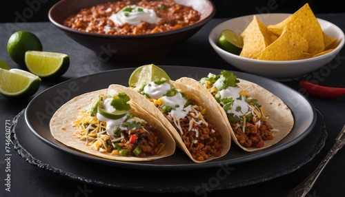 Mexican dishes on the table. Tacos, Burritos, quesadillas, chili, fajitas, tortillas.