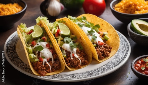 Mexican dishes on the table. Tacos, Burritos, quesadillas, chili, fajitas, tortillas.