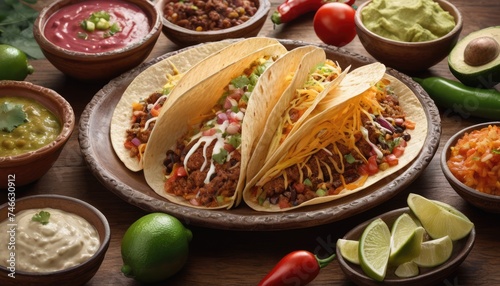Mexican dishes on the table. Tacos, Burritos, quesadillas, chili, fajitas, tortillas.