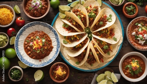Mexican dishes on the table. Tacos, Burritos, quesadillas, chili, fajitas, tortillas.