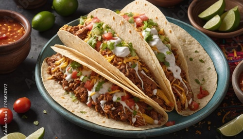 Mexican dishes on the table. Tacos, Burritos, quesadillas, chili, fajitas, tortillas.