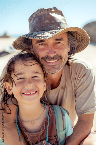 Vertical portrait of father with his son smiling on the beach