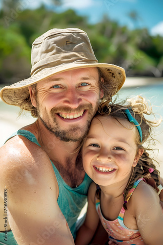 Blond man with beard and hat on the beach with his little daughter, smiling, vertical photo