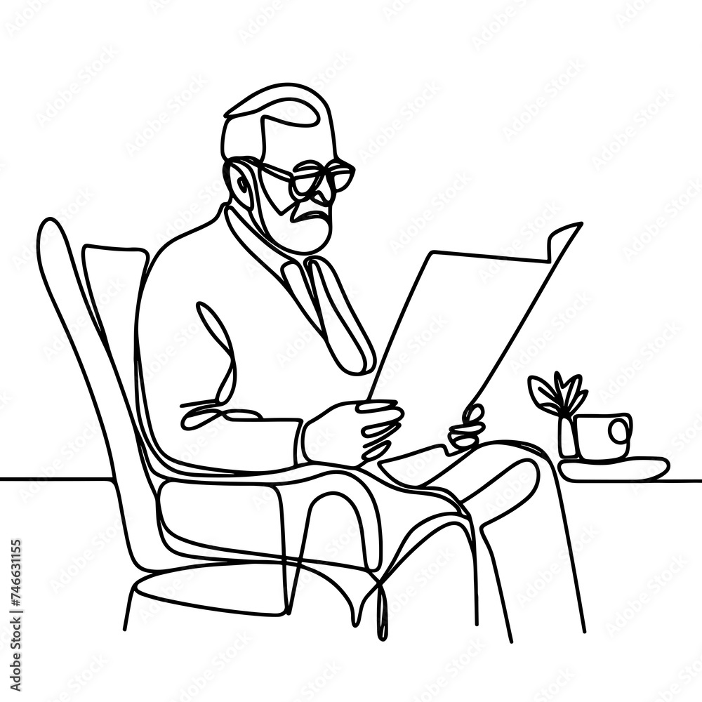 Grandad is in an armchair reading a newspaper, line drawing style.