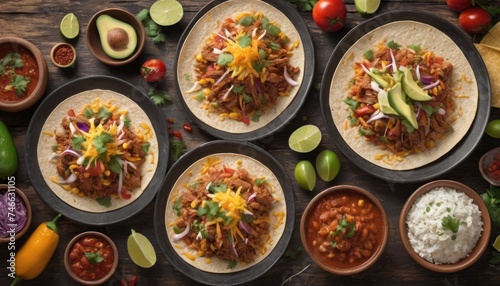 Mexican dishes on the table. Tacos, Burritos, quesadillas, chili, fajitas, tortillas.