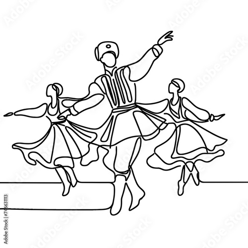 Russian folk dance ensemble, line drawing style.