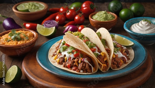 Mexican dishes on the table. Tacos, Burritos, quesadillas, chili, fajitas, tortillas.