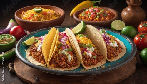 Mexican dishes on the table. Tacos, Burritos, quesadillas, chili, fajitas, tortillas.