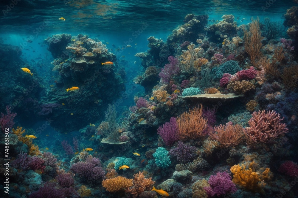 Underwater View of a Coral Reef With Fish. Generative AI. Underwater View of a Coral Reef With Fish. Generative AI.