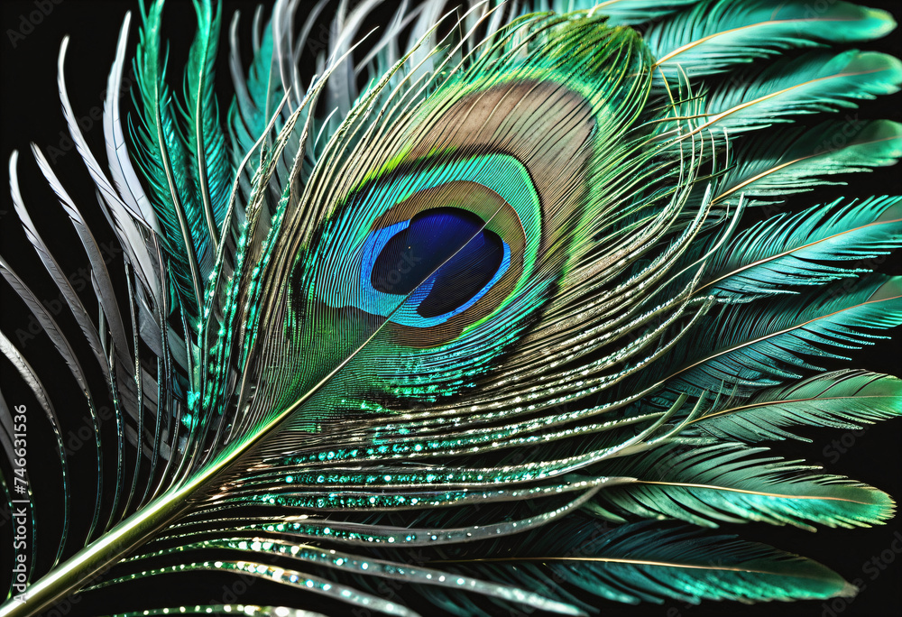 Fototapeta premium single green peacock feathers on a black background